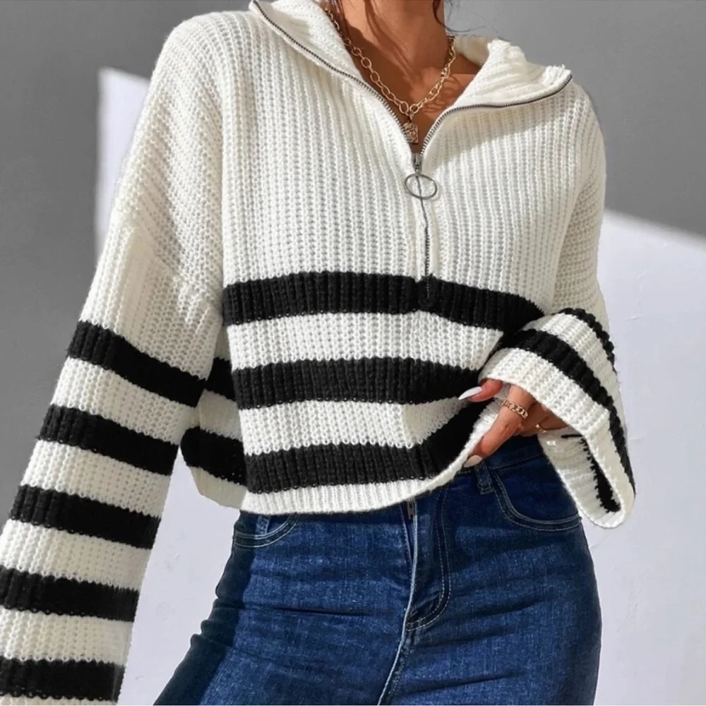 Cozy Striped Zipper Knit Oversized Sweater XS S M L - Picture 4 of 4